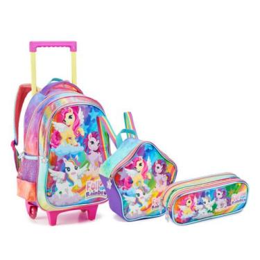 Imagem de Kit Mochila Rodinha Unicórnio Arco Iris Menina Lançamento - Denlex