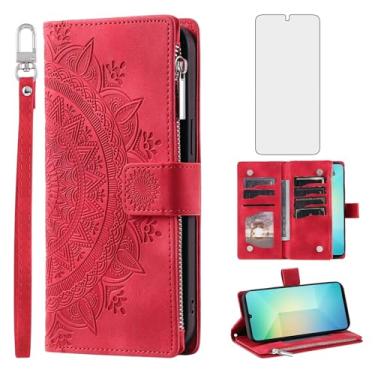 Imagem de Asuwish Capa de telefone para Samsung Galaxy A06 capa carteira com protetor de tela de vidro temperado alça de pulso mandala flor couro flip zíper celular A 06 GalaxyA06 mulheres homens vermelho