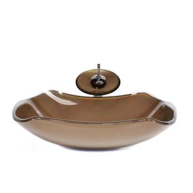 Imagem de Cuba Vidro Abaulada 51Cm Marrom + Válvula + Torneira Cascata - Cubas E