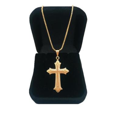 Imagem de Cordão Corrente 60 cm Masculino Pingente Cruz Crucifixo Folheado a Our