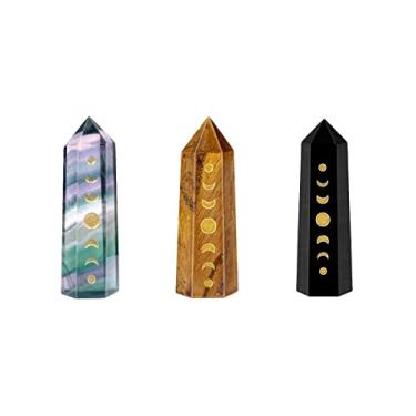 Imagem de Rockcloud Pacote com 3 pontos de cristal gravados em fase da lua, pedra hexagonal de bolso para varinha de eclipse lunar para decoração de casa de meditação de Reiki, fluorita, olho de tigre e