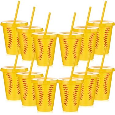 Imagem de Uiifan Copos de plástico com tema de softball, 12 peças, canudos e tampas, copos de softball, 473 ml, jogos de softball, artigos de festa para softball, aniversário, esportes, lembrancinhas de festa