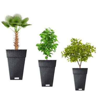 Imagem de Kit 3 Vasos Coluna Luxo Rattan Plástico 28l/17l/10l Jardim Plantas Flo