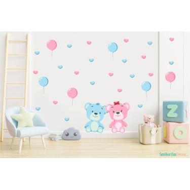 Imagem de adesivo de parede quarto de irmãos gêmeos bebê ursos balão - Senhorita