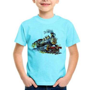 Imagem de Camiseta Infantil Trem Watercolor - Foca na Moda, Azul claro, 10