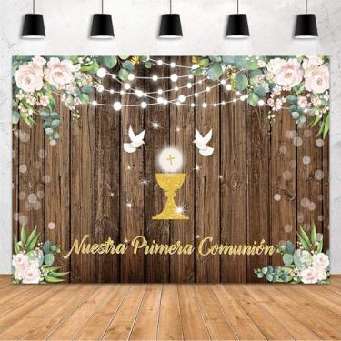 Imagem de MEHOFOND 2,1 x 1,5 m Nuestra Primera Comunión Pano de fundo Primeira Comunhão Batismo Batismo Decorações de Festa de Batismo Madeira Rústica God Bless Baby Shower Supplies Banner Fotografia Fundo