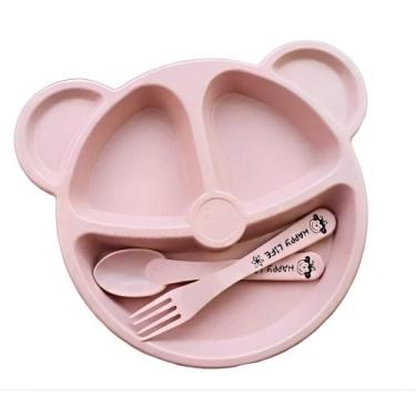 Imagem de Prato Urso Infantil Com Divisórias e Talheres BPA FREE - GENERIC, Rosa
