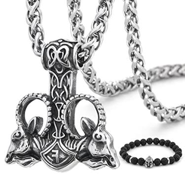 Imagem de BAVIPOWER Colar com pingente de cabeça de cabra Viking Ram Mjolnir em aço inoxidável, joia pagã nórdica para homens e mulheres, Metal, Não aplicável