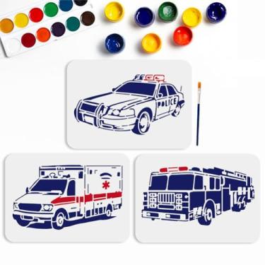 Imagem de MAYJOYDIY 3 peças de estêncil de carro de ambulância de carro de polícia 11,7 × 8,7 cm grande estênceis temáticos de carro com pincel de tinta, modelo de estêncil de veículo de bombeiros para parede,