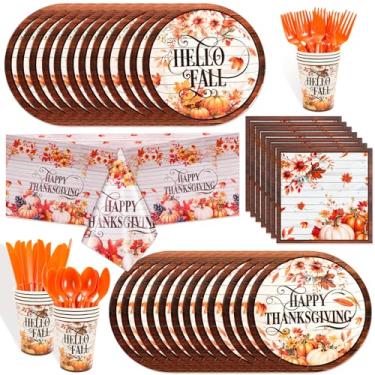 Imagem de HOWAF Conjunto de louça de Ação de Graças, conjunto de utensílios de mesa descartáveis com folhas de bordo de outono, pratos, guardanapo, toalha de mesa, facas, garfos, colheres para decoração de mesa