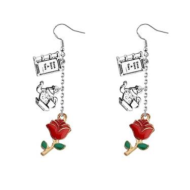 Imagem de UJIMS Presentes de filme da Bela Fera Rosa Brincos com Pingente de Livro de Fadas e Flores de Rosa Joias para Fãs de Princesas, Aço inoxidável, Sem pedra preciosa