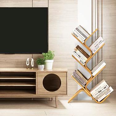 Imagem de briteman Estante de bambu de chão de 6 níveis, estante moderna para guardar livros de escritório, prateleiras organizadoras, prateleiras organizadoras, economizadoras de espaço para casa, sala de estar, canto e quarto