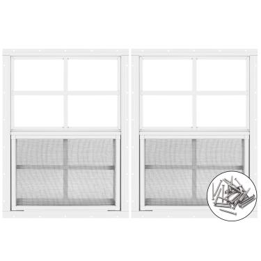Imagem de Pacote com 2 janelas para galpões de 45,7 cm L x 58,4 cm A, janela de montagem embutida branca com vidro temperado e tela removível para casas de brinquedo, galpões, garagens e galinheiros