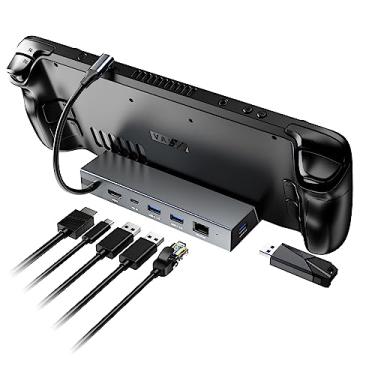 Imagem de Estação de ancoragem para Steam Deck ROG Ally, Mayflash 6 em 1 Steam Deck Dock com HDMI 2.0 4K@60Hz+Gigabit Ethernet 1000Mbps + 3 USB-A 3.0+ USB C PD Porta de carregamento compatível com Valve Stream