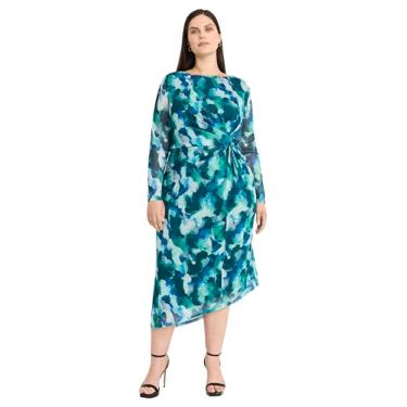 Imagem de Maggy London Vestido midi feminino assimétrico drapeado com gola canoa, Menta/azul-petróleo, 25 Plus Size