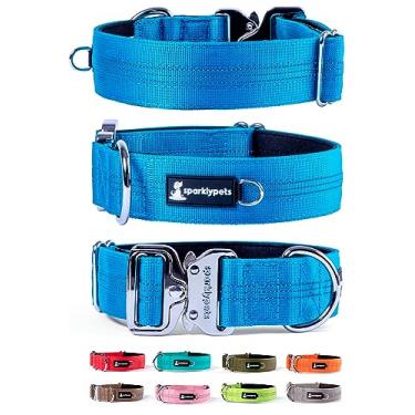 Imagem de SparklyPets Coleira de cachorro larga resistente com fivela cromada de liberação rápida – Coleira tática para cães com listras refletivas e forro macio – Coleiras grossas para cães grandes e médios (médio(35,5 cm ~ 48,2 cm), azul)
