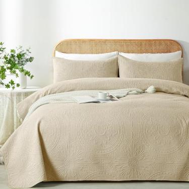 Imagem de WURUIBO Conjunto de colcha casal/queen bege, colcha em relevo ultrassônico, colcha de microfibra leve, conjunto de cama fino moderno para todas as estações, 3 peças (1 colcha, 2 fronhas)