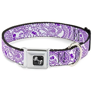Imagem de Coleira para cães com fivela de cinto de segurança, caveiras, branco, roxo, 40 a 58 cm, 3,8 cm de largura