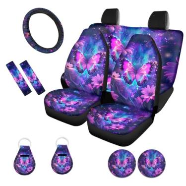 Imagem de ZFRXIGN Conjunto completo de capas de assento de carro borboleta flor para mulheres com capa de volante de carro/capa de cinto de segurança/porta-copos para copos/chaveiros acessórios de carro roxos