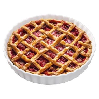 Imagem de FEOOWV Forma de quiche de porcelana redonda branca - antiaderente - perfeita para assar tortas de torta e torta de frango, máquina de lavar louça, colocar no micro-ondas e no forno (23 cm)
