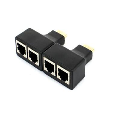 Imagem de Adaptador extensor HDMI preto, 2 peças de ajuste automático HDMI sobre RJ45 CAT5e CAT6 UTP LAN Ethernet Extender