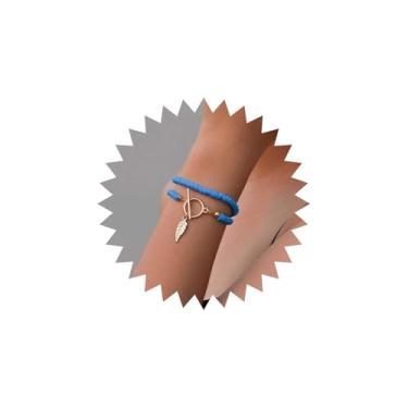 Imagem de Xduargs Pulseira de mão Boho em camadas de folha azul polímero argila pulseira vintage folha T barra escrava pulseira de mão ajustável pulseira de corrente escrava joia para mulheres, Large, Zinco,