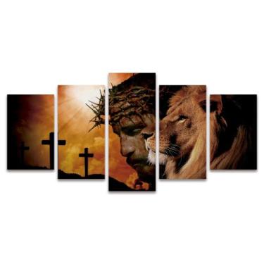 Imagem de Quadro Mosaico Decorativo Leão Jesus Cruz Religioso Religião Laranja S
