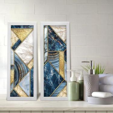 Imagem de Kit 2 Quadros Decorativos Lavabo Abstrato Mármore Azul Dourado - Deliq