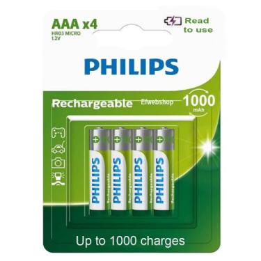 Imagem de Pilha Recarregável Philips Aaa 1000 mAh Palito com 4 Unidades Prontas 