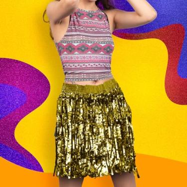 Imagem de Saia Havaiana De Fitinha Franja Carnaval e Bloquinho Metalizada 40cm Silver Festas (Dourada)