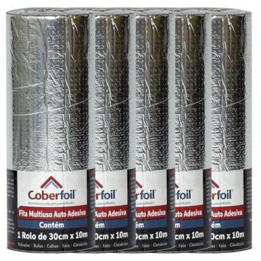 Imagem de Kit 5 Manta Asfáltica Adesiva Multiuso Metalizada 60cmx10m Auto Colante Vedação para Telhados Calhas Rufos Alta Resistência e Durabilidade Vazamentos Vedação Refletiva Aluminizada Rolo Fita