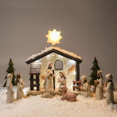 Imagem de WANCHIY Conjunto de presépio - Presépio e bonecos com luzes LED, presépio interno com manjedoura, conjunto de presépio de Natal interno A história da natividade - decorações de Natal internas