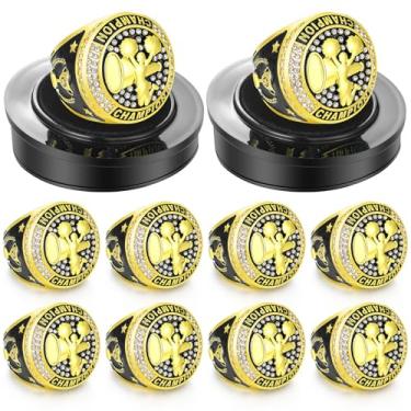 Imagem de Highergo 10 peças de anéis de troféu de campeonato de beisebol de basquete com corrente de pescoço e suporte de boliche, MVP, softball, futebol, vôlei, para presente de prêmio de torneio (ouro, líder