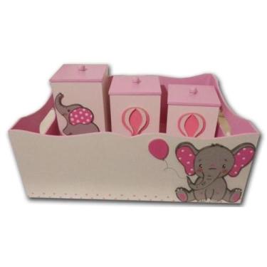 Imagem de Kit Higiene Bebê MDF 4 Peças Cesta Organizadora Elefante Balão Rosa - 