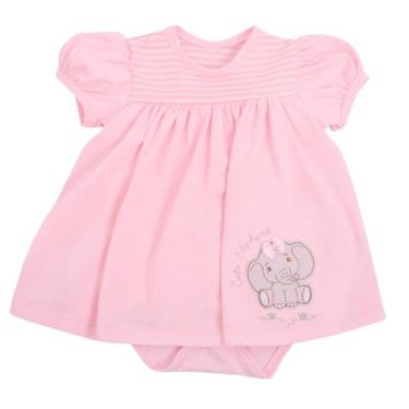 Imagem de Vestido Bebê Body Fixo Elefantinho Boneca Rosa com Manga Bufante Princ