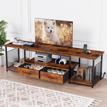 Imagem de eiskah Suporte de TV com gavetas e tomadas elétricas para TV de 75 70 e 65 polegadas, centro de entretenimento com prateleiras de armazenamento abertas, mesa de console de TV de mídia industrial para