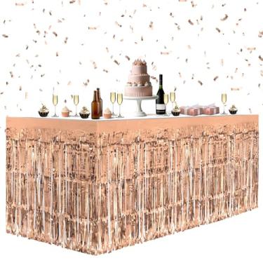 Imagem de Pacote com 2 saias de mesa em ouro rosa, 73,7 x 274,3 cm de folhas metálicas com franjas e franjas para mesas retangulares, cortinas de flâmula, pano de fundo, decorações de festa para aniversários,