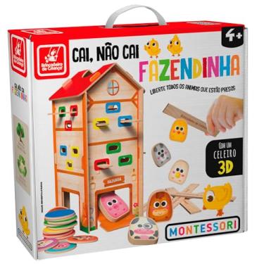 Imagem de Brincadeira de Criança Jogo Educativo 3D Madeira Montessori Cai Não Cai Fazendinha