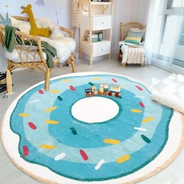 Imagem de Lacomfy Tapete infantil 1,5 m redondo donut quarto tapete círculo grande tapete de sala de jogos para meninos meninas berçário sala de aula decoração de sala de estar, lavável, antiderrapante, azul