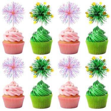 Imagem de Geelin 40 Pcs Witch Themed Foil Firework Cupcake Toppers Pink & Green Sparkle Tinsel Cupcake Decorations with Magic Wand Designs for Witch Parties Princess Birthday Parties Enchanted Themed Events