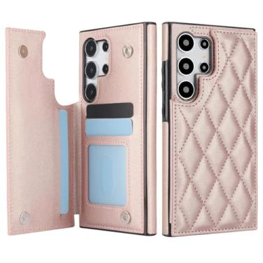 Imagem de HPQWN Para Galaxy S24 Plus Wallet Double Button Cardslot Magnetic Flip Leather Case (Para Galaxy S24 Plus/Ouro rosa)