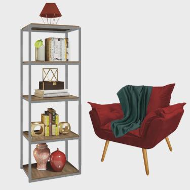 Imagem de Kit Poltrona Fatte com Manta Soft Verde e Estante Livreiro Ferro Cinza mdf Rústico Sued...