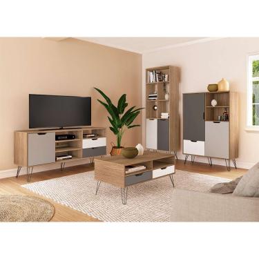 Imagem de Conjunto de Sala de Estar Estocolmo com Rack 1 pt 2 gv, Adega 2 pt 1 gv, Mesa de Centro 2 gv e Estante 2 pt Carvalho e Cinza