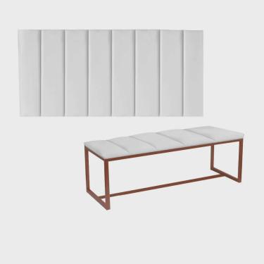 Imagem de Kit Painel Carla e Recamier Industrial 160cm Queen Size Box Ferro Bronze Corino Branco - Ahz Móveis