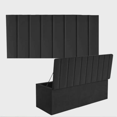 Imagem de Kit Painel Cabeceira Estofada e Calçadeira Baú Recamier Carla 160cm Queen Size Corino Preto - Ahz Móveis