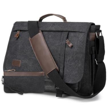 Imagem de Bolsa mensageiro de 17,3 polegadas para homens: 2 peças pasta de lona de couro PU para trabalho para laptop grande computador para viagens de escritório e faculdade (preto)