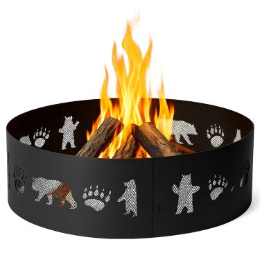 Imagem de Cuisiland Anel de fogueira ao ar livre, anel de fogo de aço resistente de 121 cm com recorte de impressão de urso e pata, forro de fogueira a lenha para quintal, acampamento, fogueira e pátio