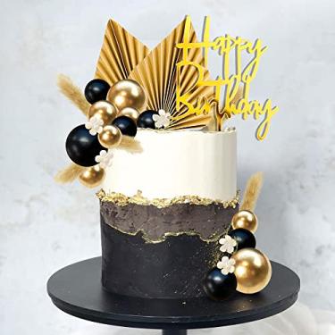 Imagem de 29 PCS Flower Boho Cake Topper Balls Cake Decorations with Black and Golden Balls Palm Leaves Artificial Plants for Wedding Baby Shower Oh Baby Boys Girls Birthday Themed Party Supplies (Black Gold)