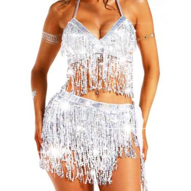 Imagem de Gortin fantasia de dança do ventre sutiã com franja e lantejoulas prateado top com franja e franja no quadril vestido rave curto com franja para mulheres