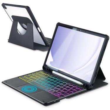 Imagem de Capa com teclado touchpad para Samsung Galaxy Tab A9 Plus 11 polegadas SM-X210/X215/X216, capa giratória de 360 graus com luz de fundo colorida, teclado magnético removível para tablet A9+ (Preto)